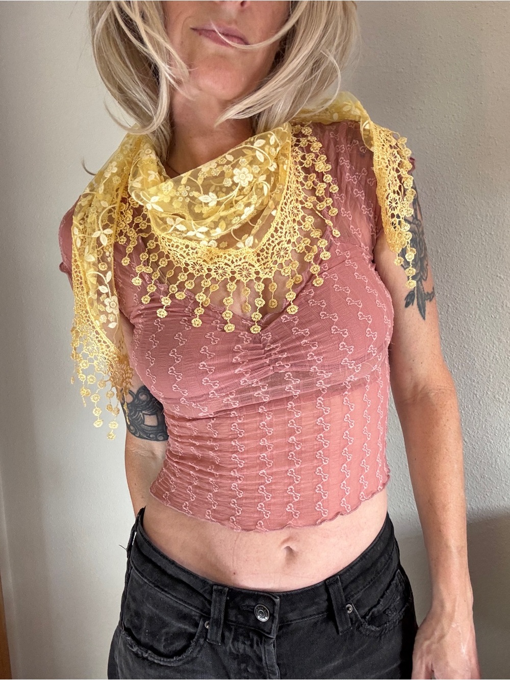 Yellow Lace Floral Scarf Fringe Festival Boho Fairy Cottage Sheer Feminine